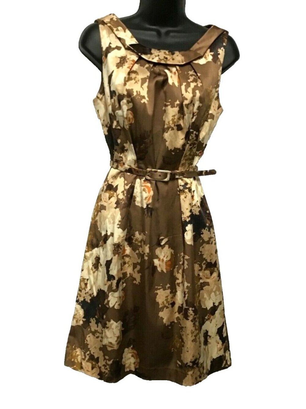 Talbots 4 Petite Brown Floral Print Belted Sleeveless Lined Dress